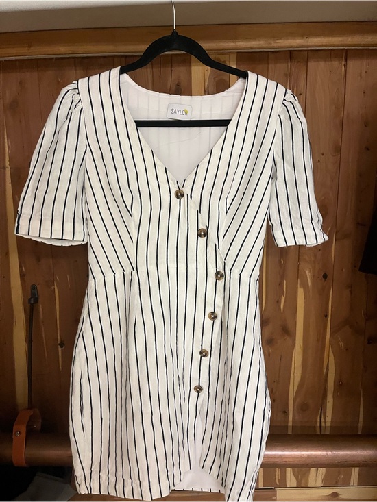 SAYLOR Dresses & Skirts - SAYLOR White Dress with Black Pinstripes and Button Front